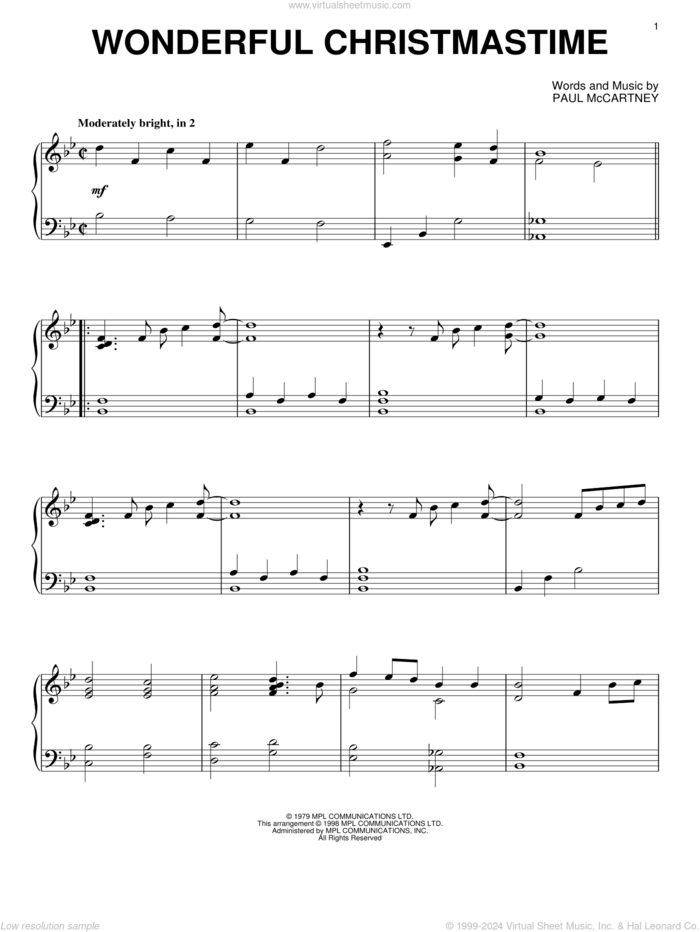 Wonderful Christmastime, (intermediate) sheet music for piano solo by Paul McCartney, intermediate skill level