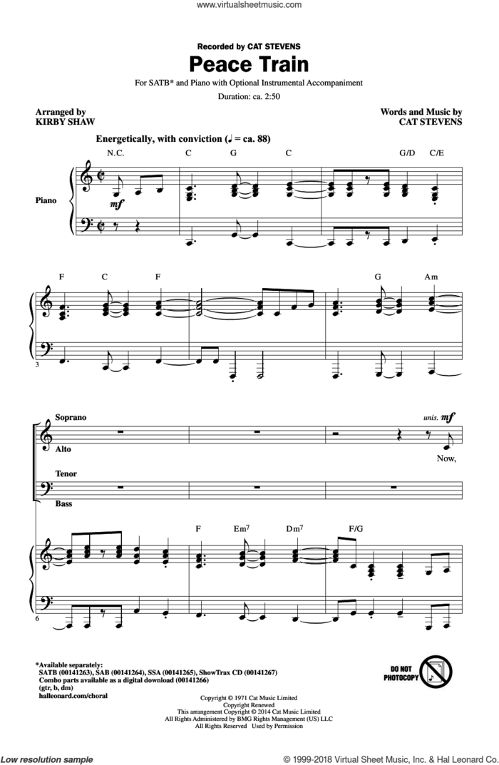 Peace Train sheet music for choir (SATB: soprano, alto, tenor, bass) by Cat Stevens and Kirby Shaw, intermediate skill level