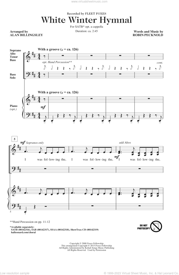 White Winter Hymnal (arr. Alan Billingsley) sheet music for choir (SATB: soprano, alto, tenor, bass) by Alan Billingsley, Fleet Foxes, Pentatonix and Robin Pecknold, intermediate skill level