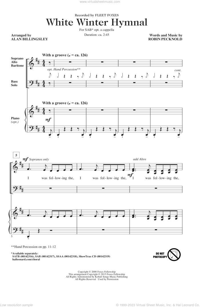 White Winter Hymnal (arr. Alan Billingsley) sheet music for choir (SAB: soprano, alto, bass) by Alan Billingsley, Fleet Foxes, Pentatonix and Robin Pecknold, intermediate skill level