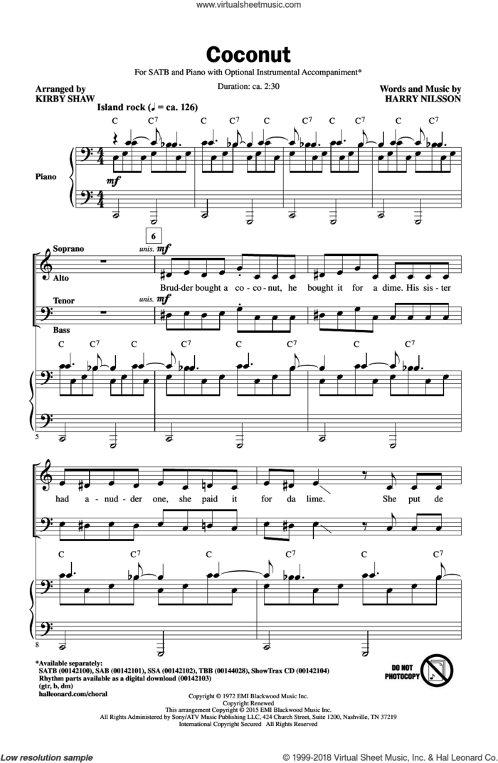 Coconut sheet music for choir (SATB: soprano, alto, tenor, bass) by Harry Nilsson, Kirby Shaw and Nilsson, intermediate skill level