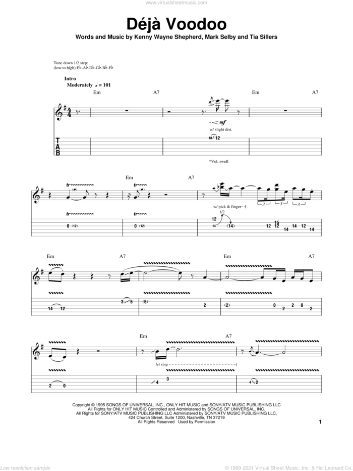 Deja Voodoo sheet music for guitar (tablature, play-along) by Kenny Wayne Shepherd, Mark Selby and Tia Sillers, intermediate skill level
