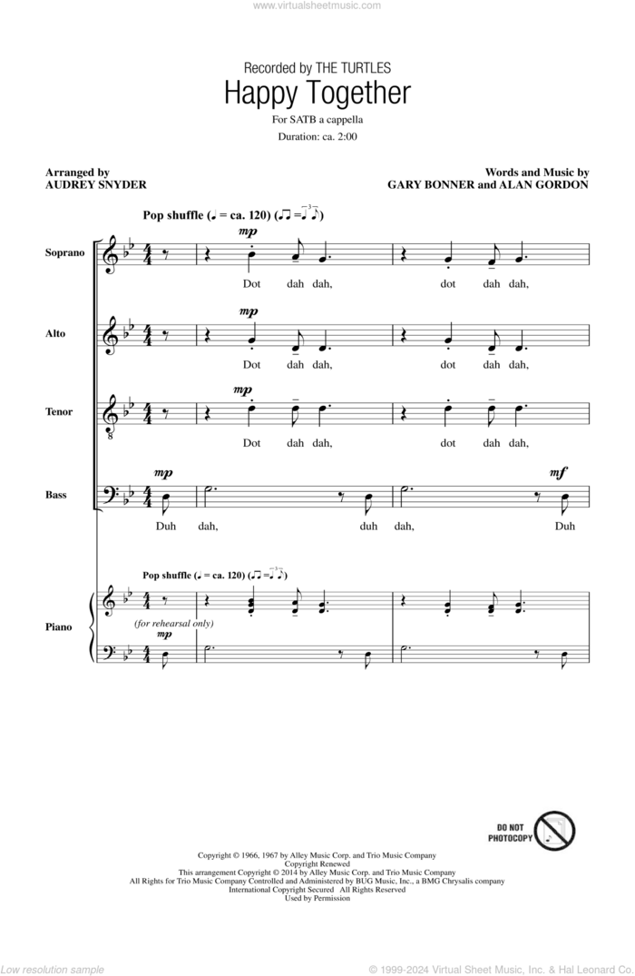 Happy Together (arr. Audrey Snyder) sheet music for choir (SATB: soprano, alto, tenor, bass) by Audrey Snyder, Gary Bonner, The Turtles, Alan Gordon and Garry Bonner, intermediate skill level