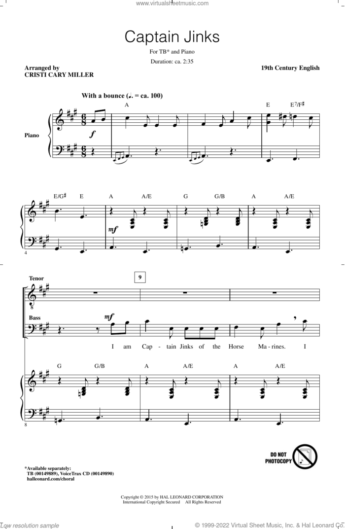 Captain Jinks sheet music for choir (TB: tenor, bass) by Cristi Cary Miller and 19th Century English, intermediate skill level