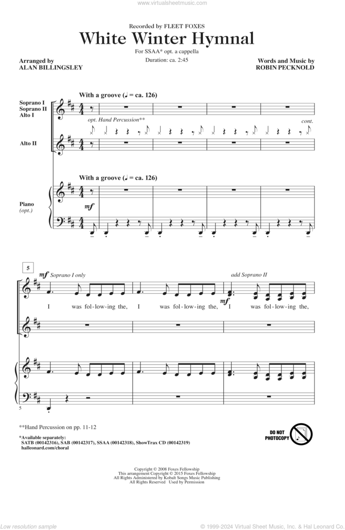 White Winter Hymnal (arr. Alan Billingsley) sheet music for choir (SSAA: soprano, alto) by Alan Billingsley, Fleet Foxes, Pentatonix and Robin Pecknold, intermediate skill level