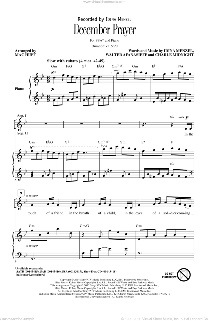 December Prayer sheet music for choir (SSA: soprano, alto) by Idina Menzel, Mac Huff, Walter Afanasieff, Charlie Midnight and Walter Afansieff, intermediate skill level