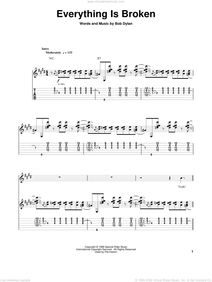 Everything Is Broken sheet music for guitar (tablature, play-along) by Kenny Wayne Shepherd and Bob Dylan, intermediate skill level