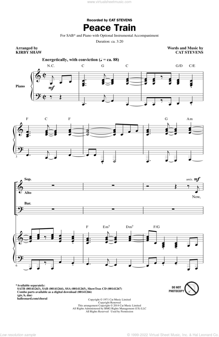 Peace Train sheet music for choir (SAB: soprano, alto, bass) by Cat Stevens and Kirby Shaw, intermediate skill level