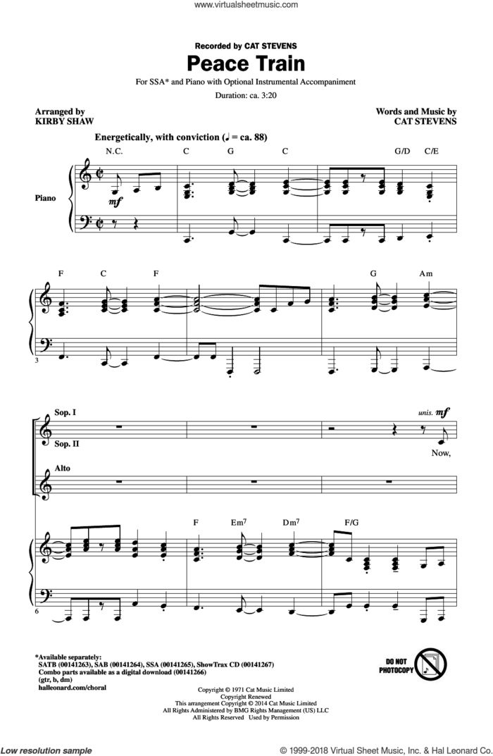 Peace Train sheet music for choir (SSA: soprano, alto) by Cat Stevens and Kirby Shaw, intermediate skill level