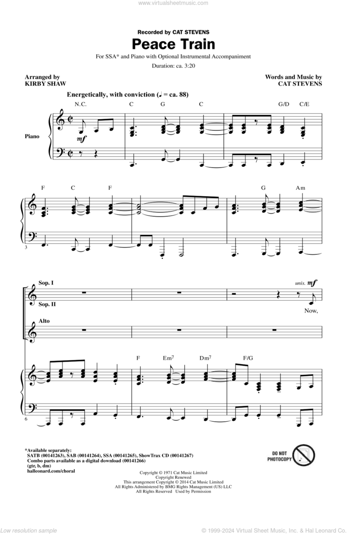 Peace Train sheet music for choir (SSA: soprano, alto) by Cat Stevens and Kirby Shaw, intermediate skill level