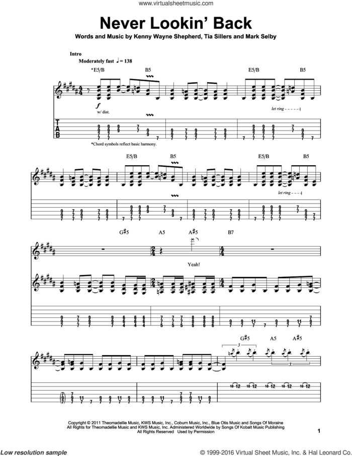 Never Lookin' Back sheet music for guitar (tablature, play-along) by Kenny Wayne Shepherd, Mark Selby and Tia Sillers, intermediate skill level