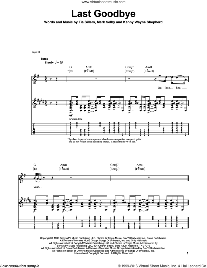 Last Goodbye sheet music for guitar (tablature, play-along) by Kenny Wayne Shepherd, Mark Selby and Tia Sillers, intermediate skill level