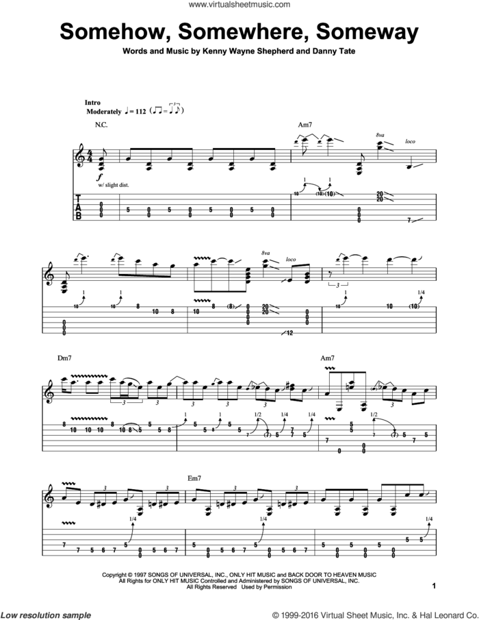 Somehow, Somewhere, Someway sheet music for guitar (tablature, play-along) by Kenny Wayne Shepherd and Danny Tate, intermediate skill level