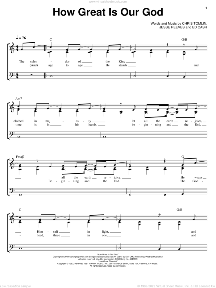 How Great Is Our God sheet music for voice, piano or guitar by Chris Tomlin, Ed Cash and Jesse Reeves, intermediate skill level