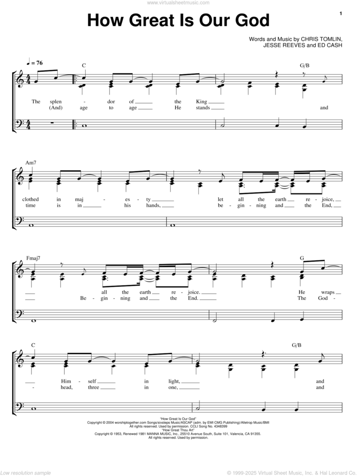 How Great Is Our God sheet music for voice, piano or guitar by Chris Tomlin, Ed Cash and Jesse Reeves, intermediate skill level