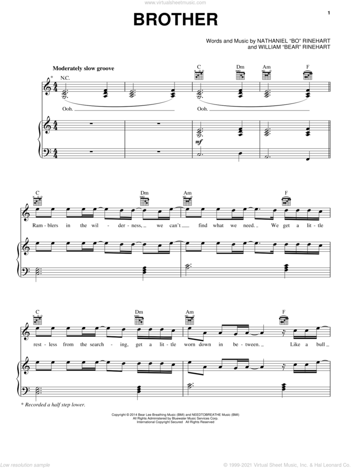 Brother sheet music for voice, piano or guitar by NEEDTOBREATHE, Nathaniel 'Bo' Rinehart and William 'Bear' Rinehart, intermediate skill level