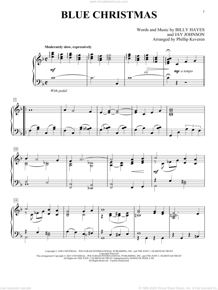 Blue Christmas sheet music for piano solo by Elvis Presley and Billy Hayes, intermediate skill level
