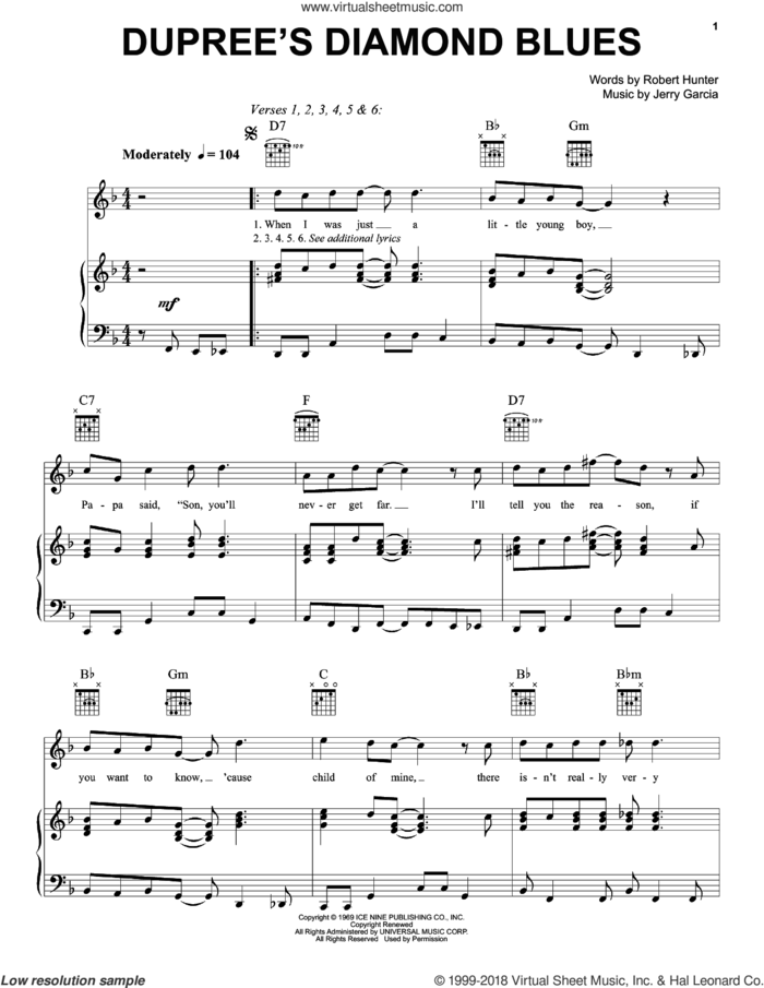 Dupree's Diamond Blues sheet music for voice, piano or guitar by Grateful Dead, Jerry Garcia and Robert Hunter, intermediate skill level
