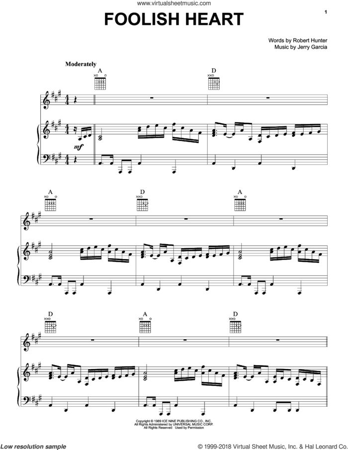 Foolish Heart sheet music for voice, piano or guitar by Grateful Dead, Jerry Garcia and Robert Hunter, intermediate skill level
