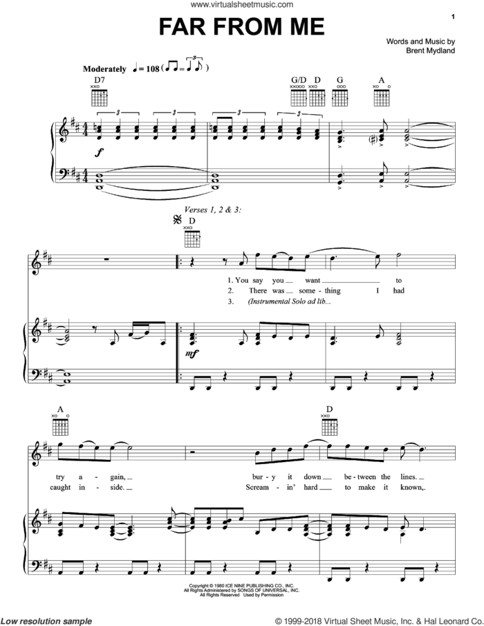 Far From Me sheet music for voice, piano or guitar by Grateful Dead and Brent Mydland, intermediate skill level