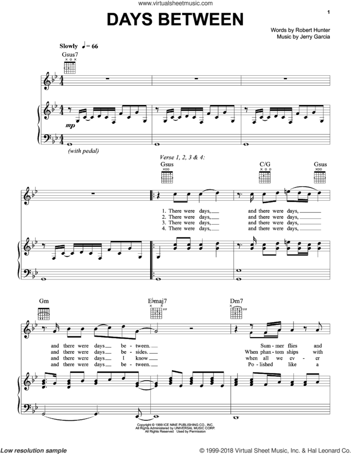 Days Between sheet music for voice, piano or guitar by Grateful Dead, Jerry Garcia and Robert Hunter, intermediate skill level
