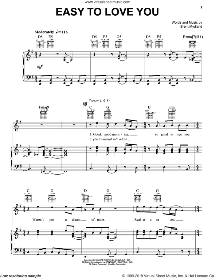 Easy To Love You sheet music for voice, piano or guitar by Grateful Dead and Brent Mydland, intermediate skill level