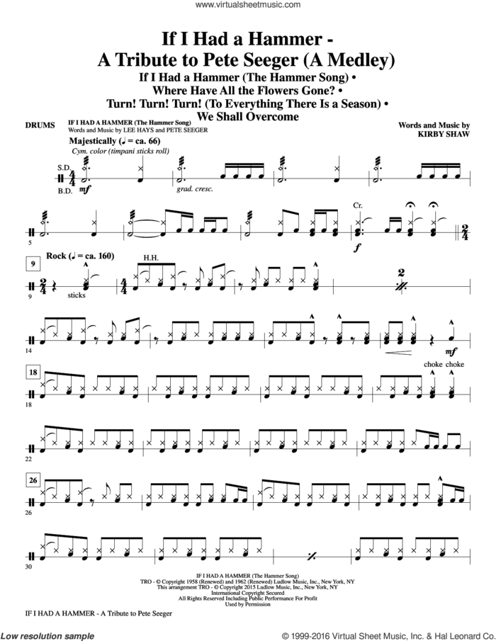 If I Had A Hammer, a tribute to pete seeger sheet music for orchestra/band (drums) by Pete Seeger, Kirby Shaw, Peter, Paul & Mary, Trini Lopez and Lee Hays, intermediate skill level