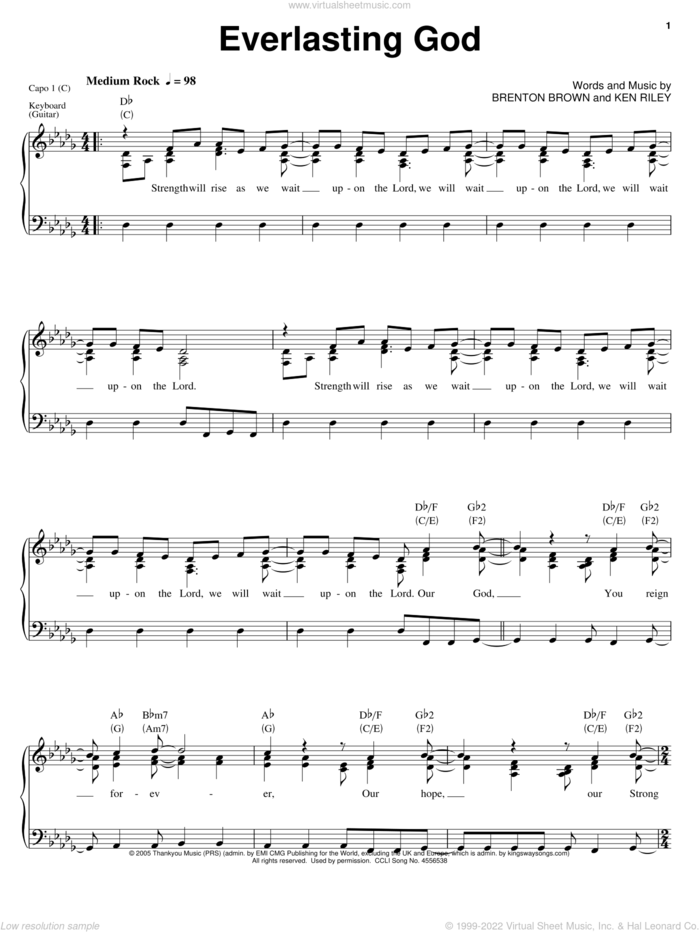 Everlasting God sheet music for voice, piano or guitar by Chris Tomlin, Lincoln Brewster, Brenton Brown and Ken Riley, intermediate skill level