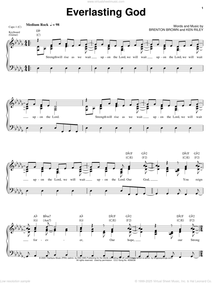 Everlasting God sheet music for voice, piano or guitar by Chris Tomlin, Lincoln Brewster, Brenton Brown and Ken Riley, intermediate skill level