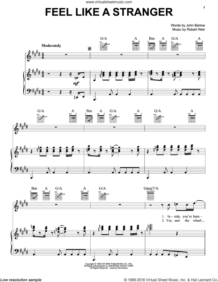 Feel Like A Stranger sheet music for voice, piano or guitar by Grateful Dead, John Barlow and Robert Weir, intermediate skill level
