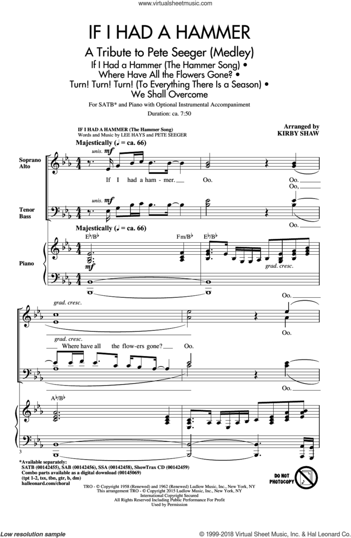 If I Had A Hammer (The Hammer Song) sheet music for choir (SATB: soprano, alto, tenor, bass) by Pete Seeger, Kirby Shaw, Peter, Paul & Mary, Trini Lopez and Lee Hays, intermediate skill level