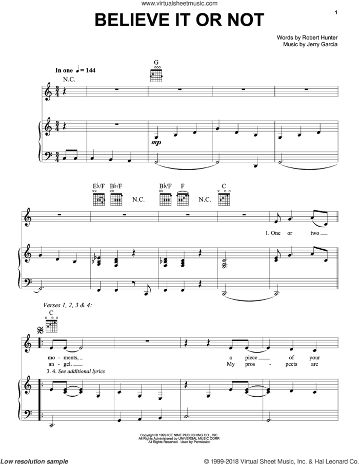 Believe It Or Not sheet music for voice, piano or guitar by Grateful Dead, Jerry Garcia and Robert Hunter, intermediate skill level
