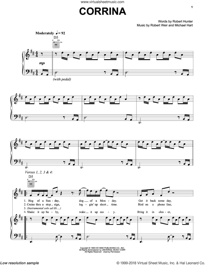 Corrina sheet music for voice, piano or guitar by Grateful Dead, Michael Hart, Robert Hunter and Robert Weir, intermediate skill level