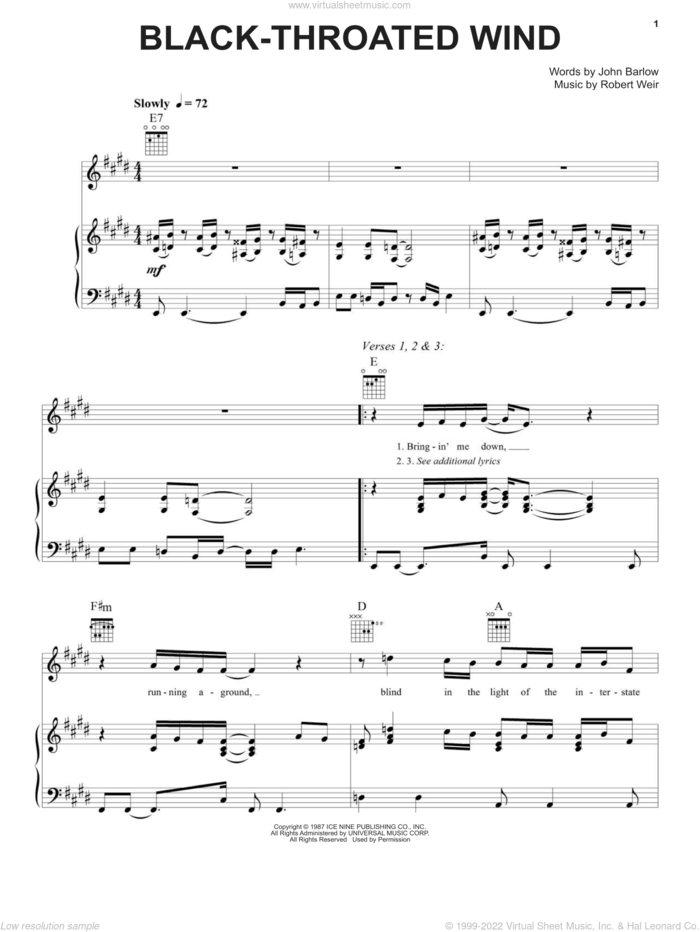 Black-Throated Wind sheet music for voice, piano or guitar by Grateful Dead, John Barlow and Robert Weir, intermediate skill level