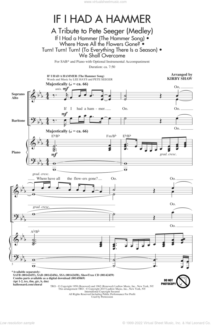 If I Had A Hammer (The Hammer Song) sheet music for choir (SAB: soprano, alto, bass) by Pete Seeger, Kirby Shaw, Peter, Paul & Mary, Trini Lopez and Lee Hays, intermediate skill level