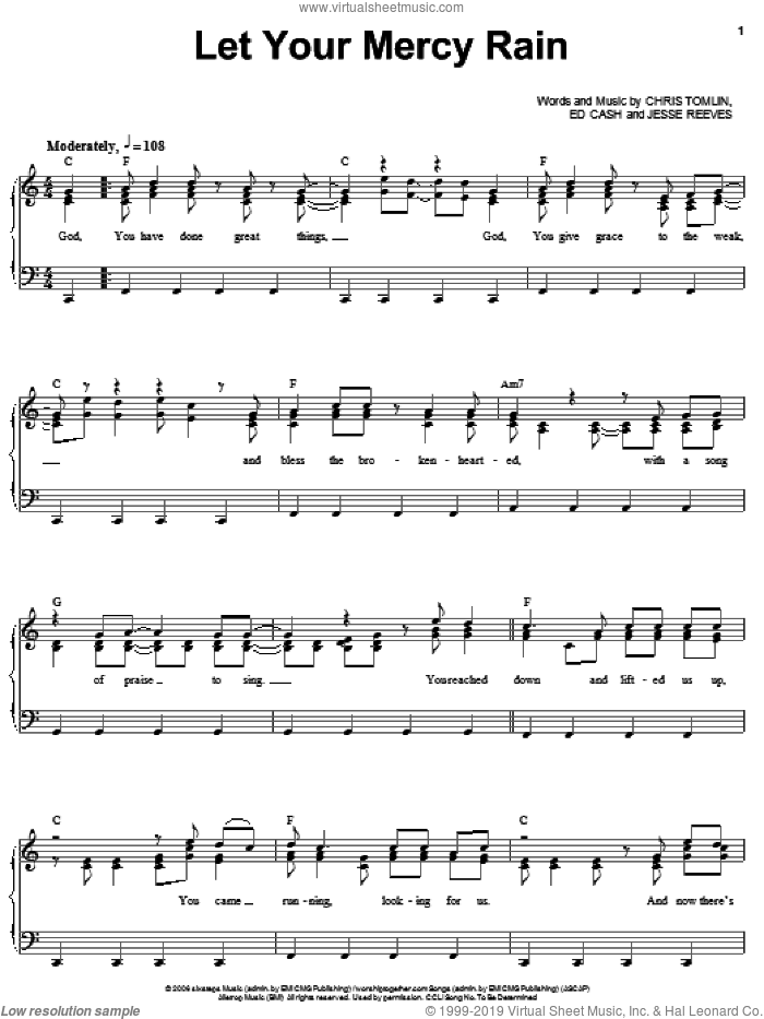 Let Your Mercy Rain sheet music for voice, piano or guitar by Chris Tomlin, Ed Cash and Jesse Reeves, intermediate skill level