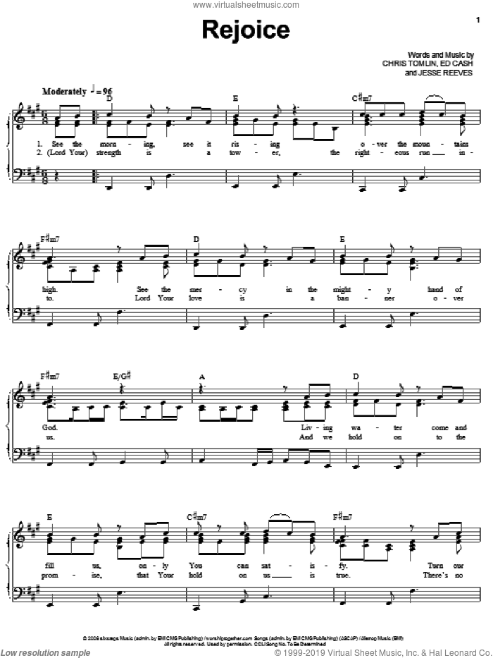 Rejoice sheet music for voice, piano or guitar by Chris Tomlin, Ed Cash and Jesse Reeves, intermediate skill level