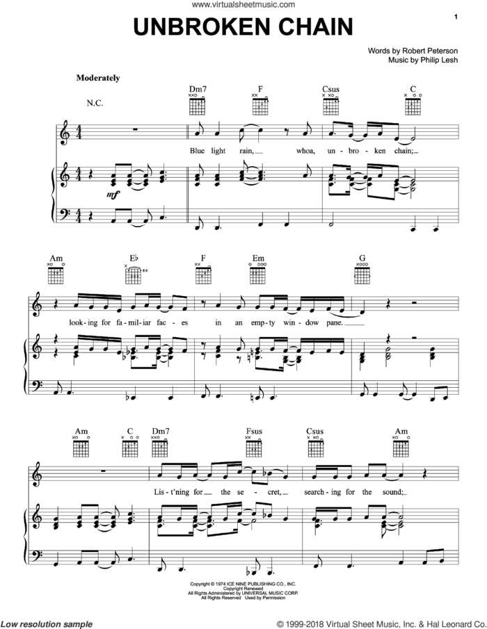 Unbroken Chain sheet music for voice, piano or guitar by Grateful Dead, Philip Lesh and Robert Peterson, intermediate skill level