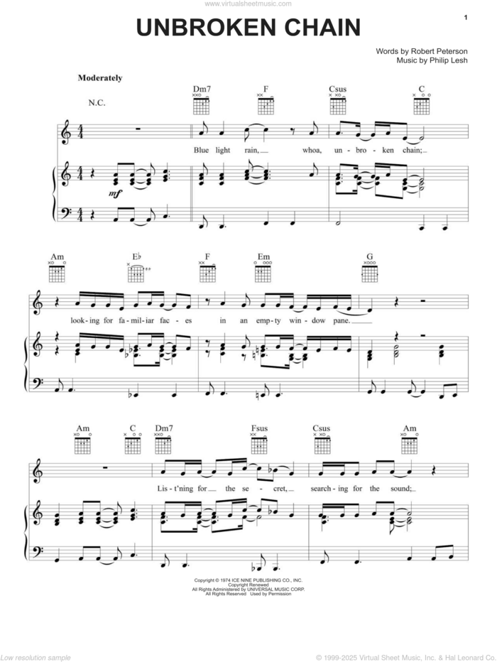 Unbroken Chain sheet music for voice, piano or guitar by Grateful Dead, Philip Lesh and Robert Peterson, intermediate skill level