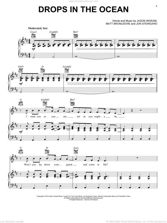 Drops In The Ocean sheet music for voice, piano or guitar by Jason Ingram, Hawk Nelson, Jon Steingard and Matt Bronleewe, intermediate skill level