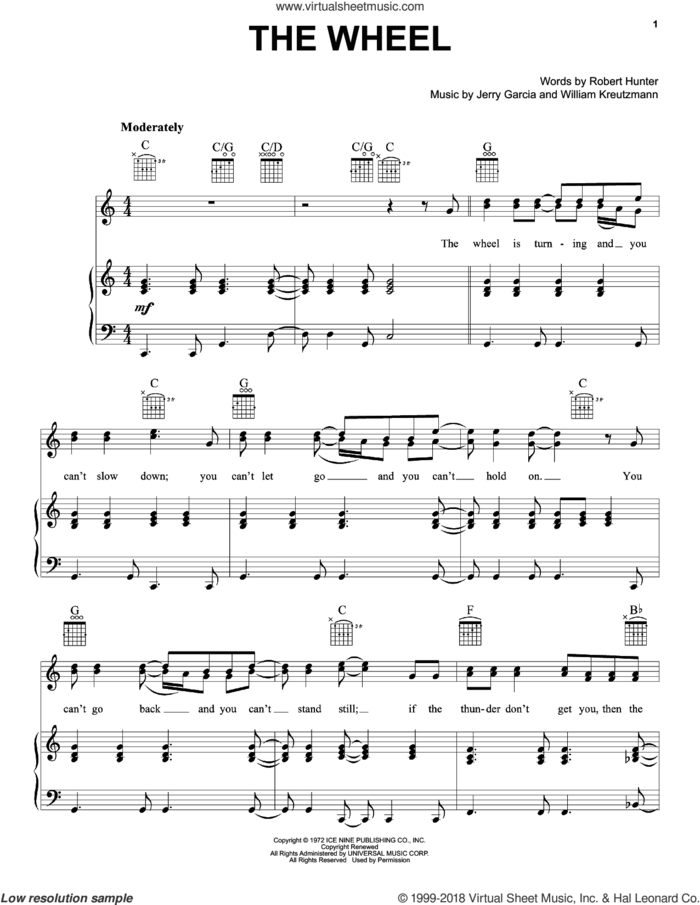 The Wheel sheet music for voice, piano or guitar by Grateful Dead, Jerry Garcia, Robert Hunter and William Kreutzmann, intermediate skill level