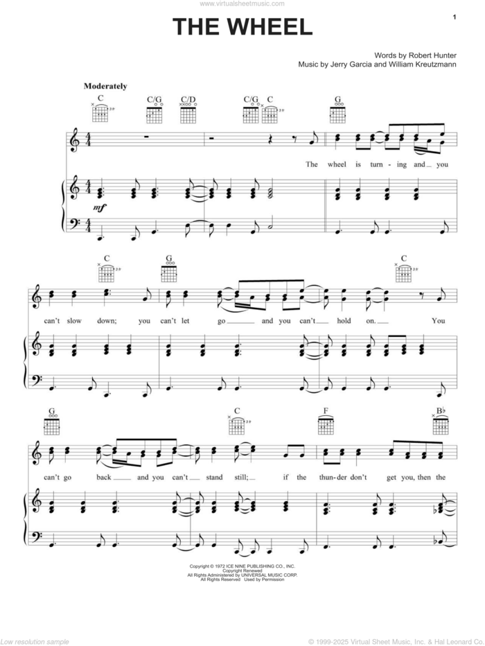 The Wheel sheet music for voice, piano or guitar by Grateful Dead, Jerry Garcia, Robert Hunter and William Kreutzmann, intermediate skill level