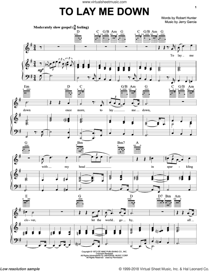 To Lay Me Down sheet music for voice, piano or guitar by Grateful Dead, Jerry Garcia and Robert Hunter, intermediate skill level
