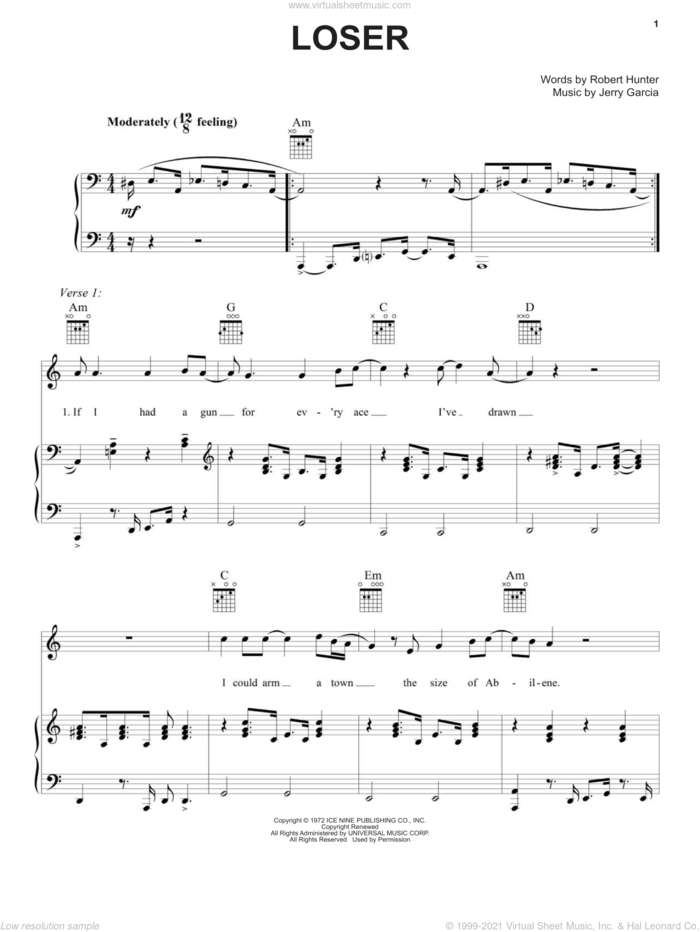 Loser sheet music for voice, piano or guitar by Grateful Dead, Jerry Garcia and Robert Hunter, intermediate skill level