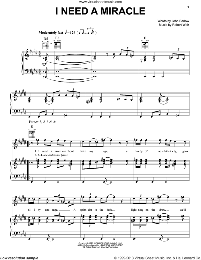 I Need A Miracle sheet music for voice, piano or guitar by Grateful Dead, John Barlow and Robert Weir, intermediate skill level
