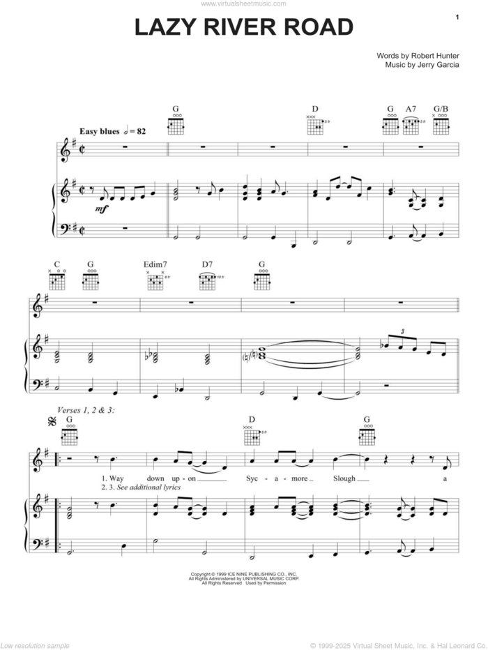 Lazy River Road sheet music for voice, piano or guitar by Grateful Dead, Jerry Garcia and Robert Hunter, intermediate skill level