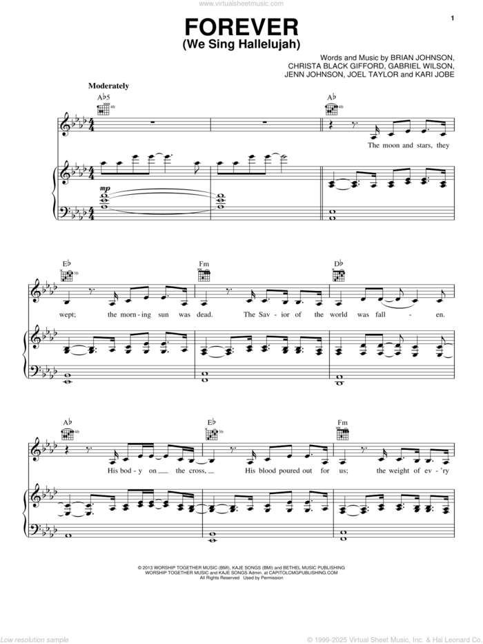 Forever (We Sing Hallelujah) sheet music for voice, piano or guitar by Kari Jobe, Brian Johnson, Christa Black Gifford, Gabriel Wilson, Jenn Johnson and Joel Taylor, intermediate skill level