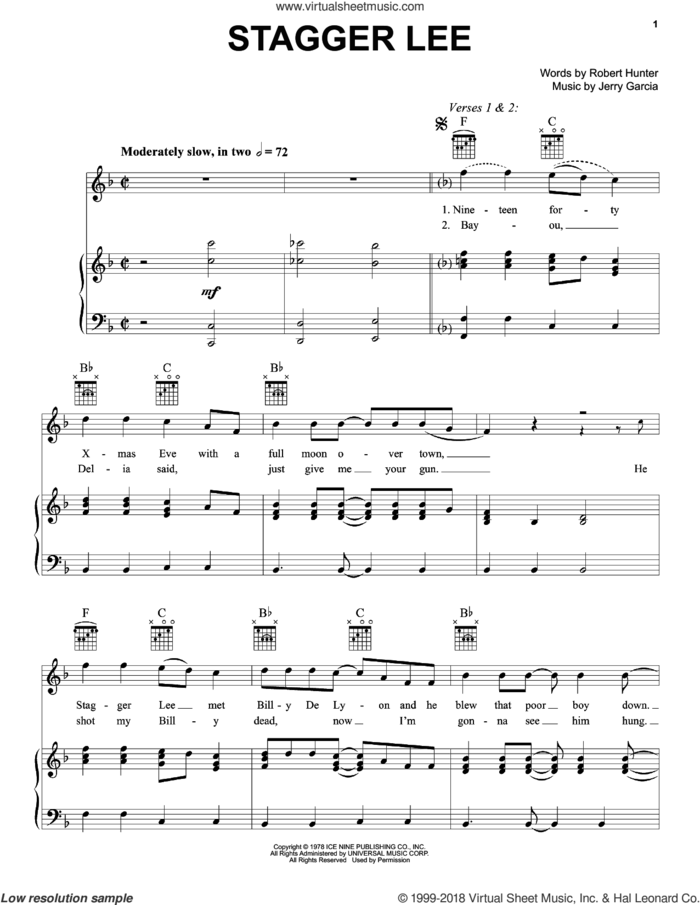 Stagger Lee sheet music for voice, piano or guitar by Grateful Dead, Jerry Garcia and Robert Hunter, intermediate skill level