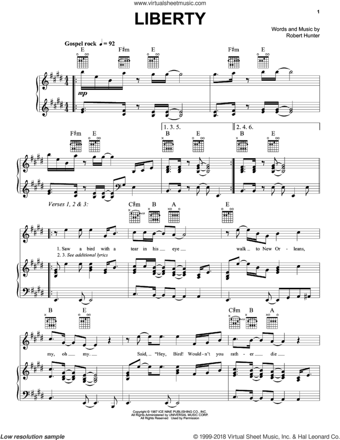 Liberty sheet music for voice, piano or guitar by Grateful Dead and Robert Hunter, intermediate skill level