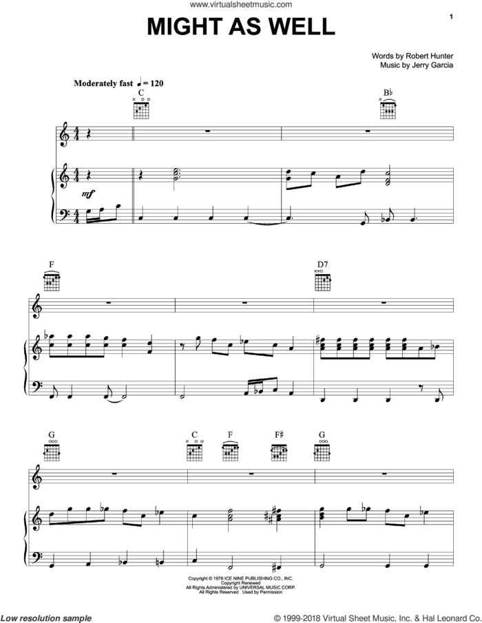 Might As Well sheet music for voice, piano or guitar by Grateful Dead, Jerry Garcia and Robert Hunter, intermediate skill level